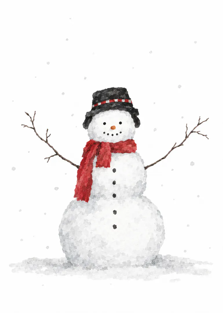 Watercolour illustration of a smiling snowman wearing a black hat and red scarf in falling snow.