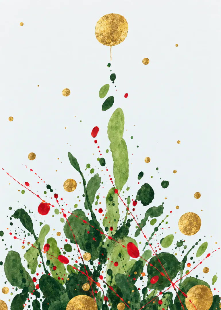 Abstract green watercolour foliage with red splatters and gold circular accents on a pale background.