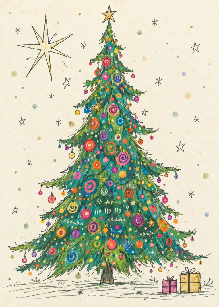 Hand-drawn green Christmas tree covered in colourful baubles, stars and two wrapped gifts.