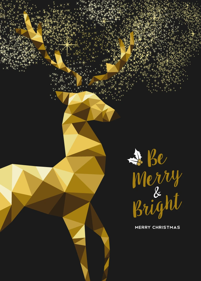 Golden geometric deer beneath sparkling stars with Be Merry and Bright Merry Christmas wording text.