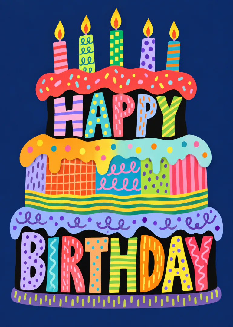 Colourful tiered birthday cake with patterned candles and the words Happy Birthday on a navy blue background.