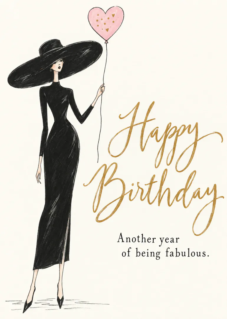 Fashion illustration of a woman in a black dress and oversized hat holding a pink heart balloon, with birthday wording.