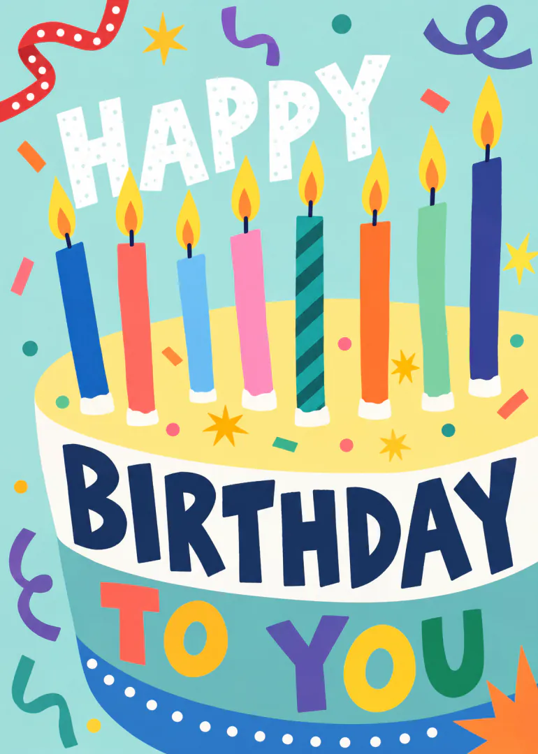 Colourful illustrated birthday cake with nine lit candles and the words Happy Birthday to You.