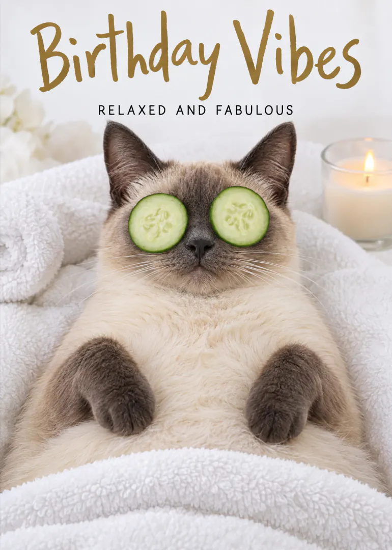 Birthday card showing a relaxed cat with cucumber slices over its eyes, tucked under a white towel beside a candle.