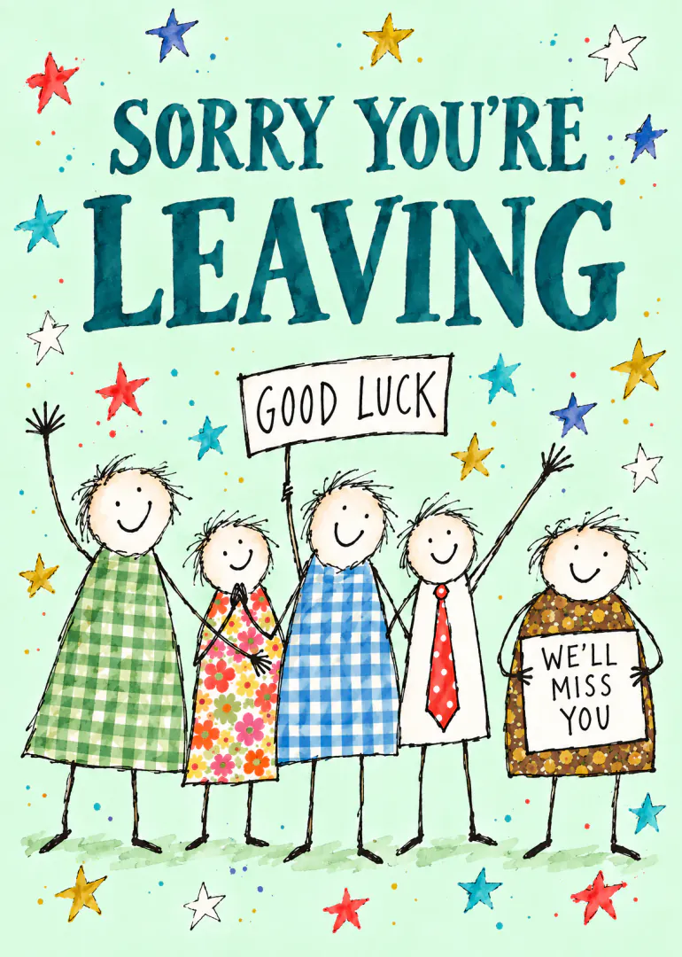 Mint green card with hand-drawn people holding signs reading sorry you’re leaving, good luck and we’ll miss you.