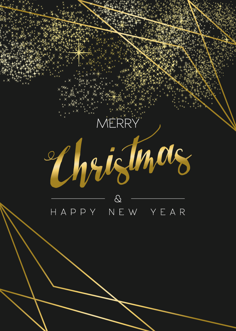 Black card with gold stars and geometric lines Merry Christmas Happy New Year text