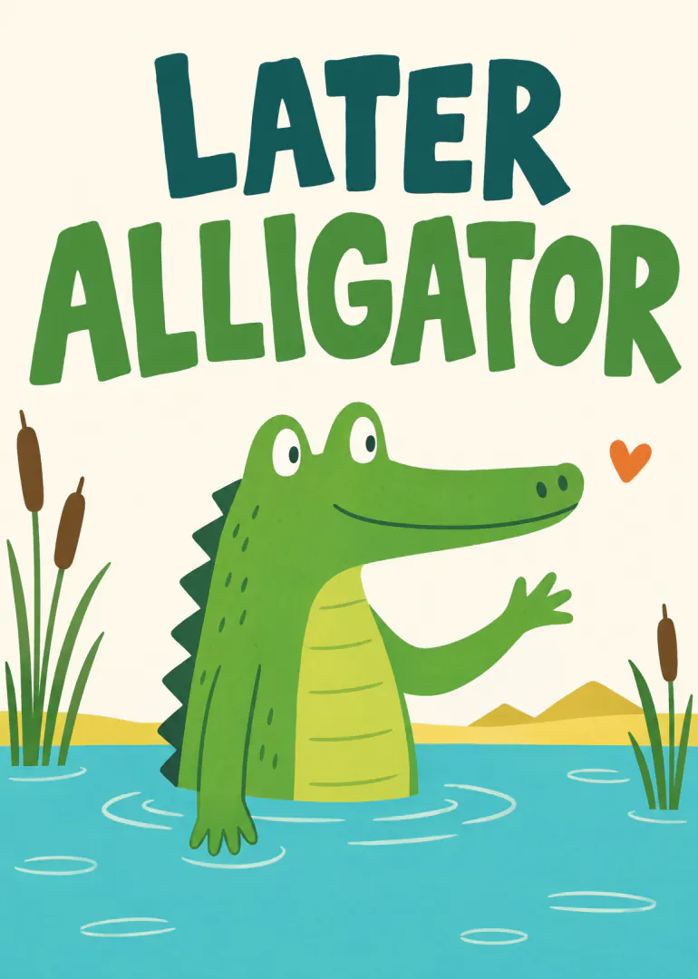 Illustrated green alligator waving from blue water beneath the words Later Alligator.