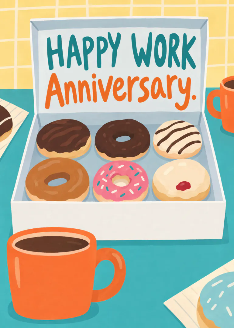 Illustrated work anniversary card with a box of assorted doughnuts and orange coffee mugs.