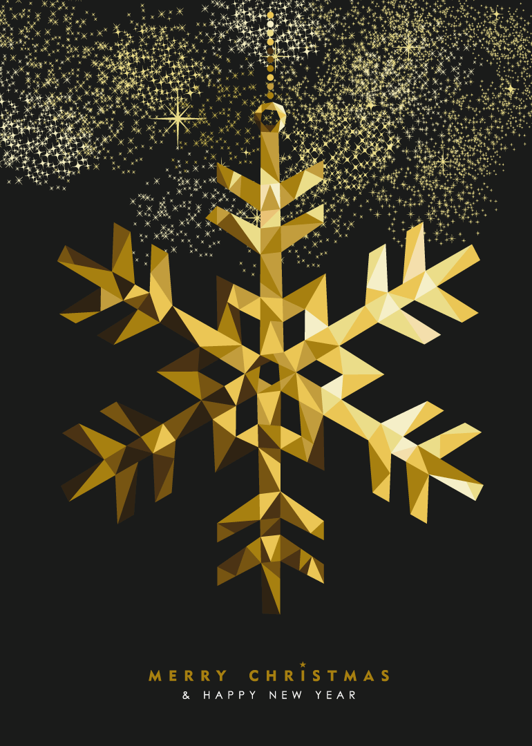 Gold geometric snowflake with sparkling stars on dark background Christmas card