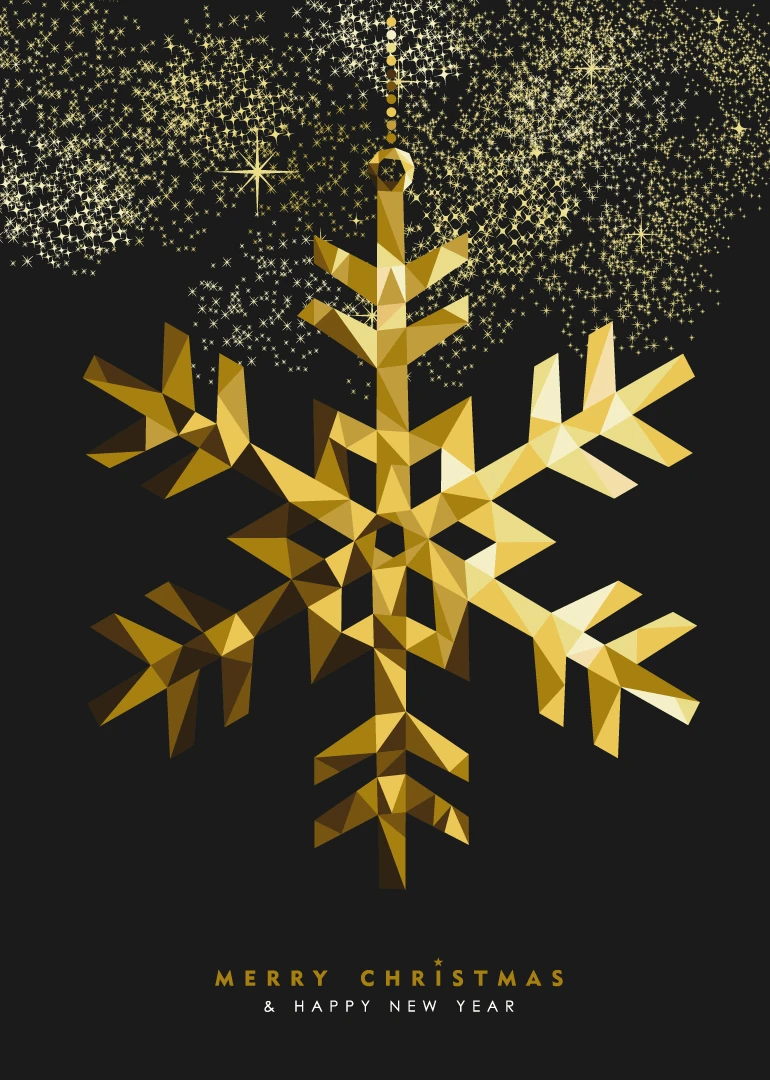 Gold geometric snowflake on black with Merry Christmas and Happy New Year text and sparkles.