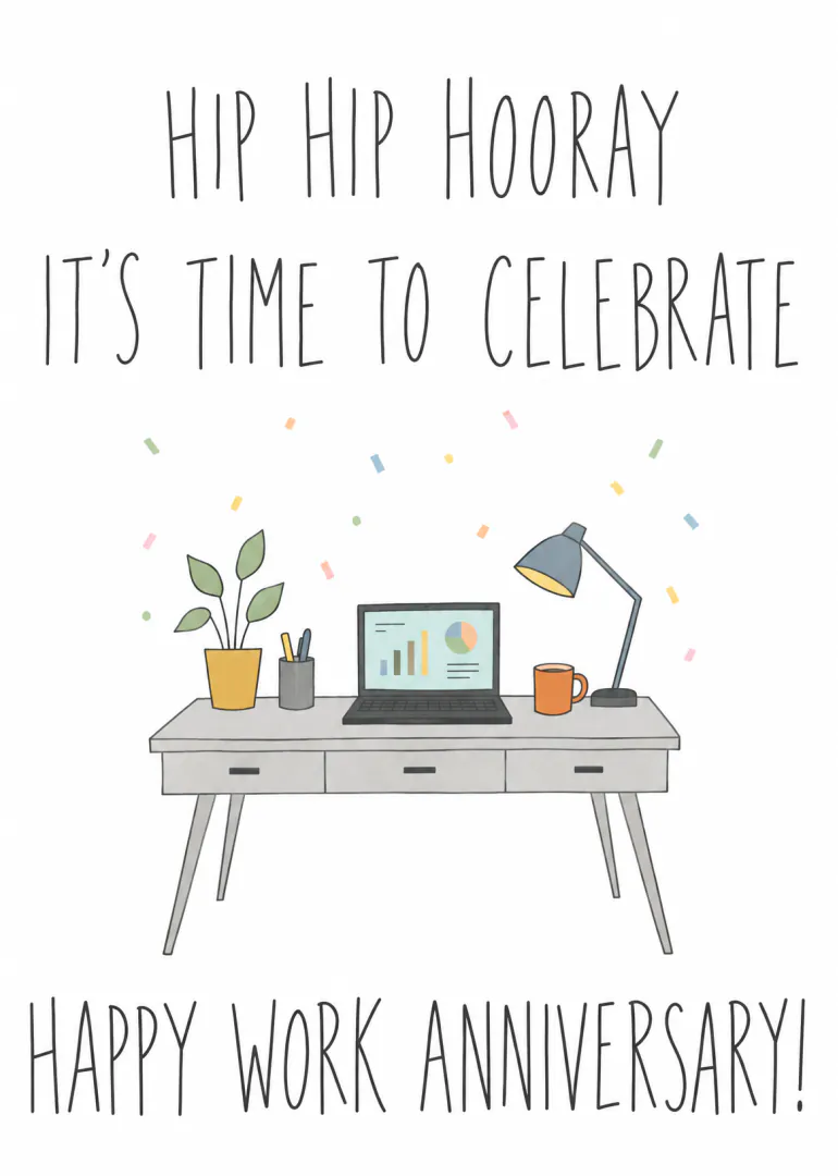 Minimal illustrated work anniversary card with a desk, laptop, plant, lamp and colourful confetti.