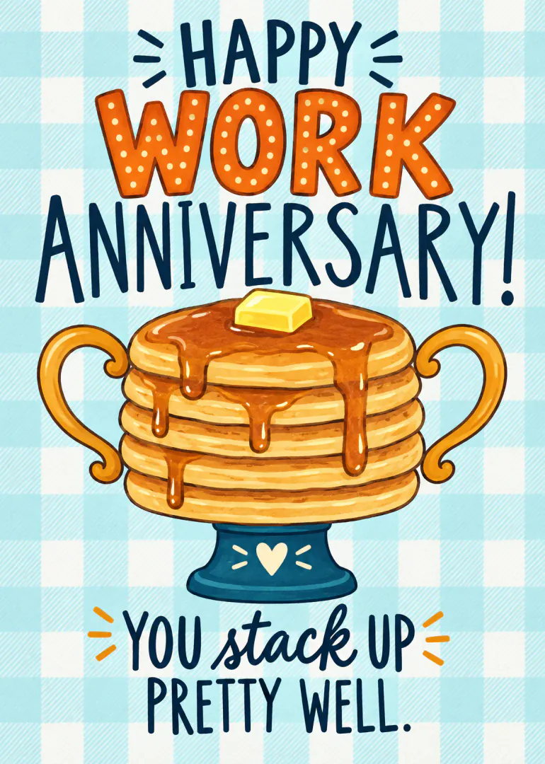 Illustrated work anniversary card with a stack of syrupy pancakes and the message, Happy Work Anniversary! You stack up pretty well.