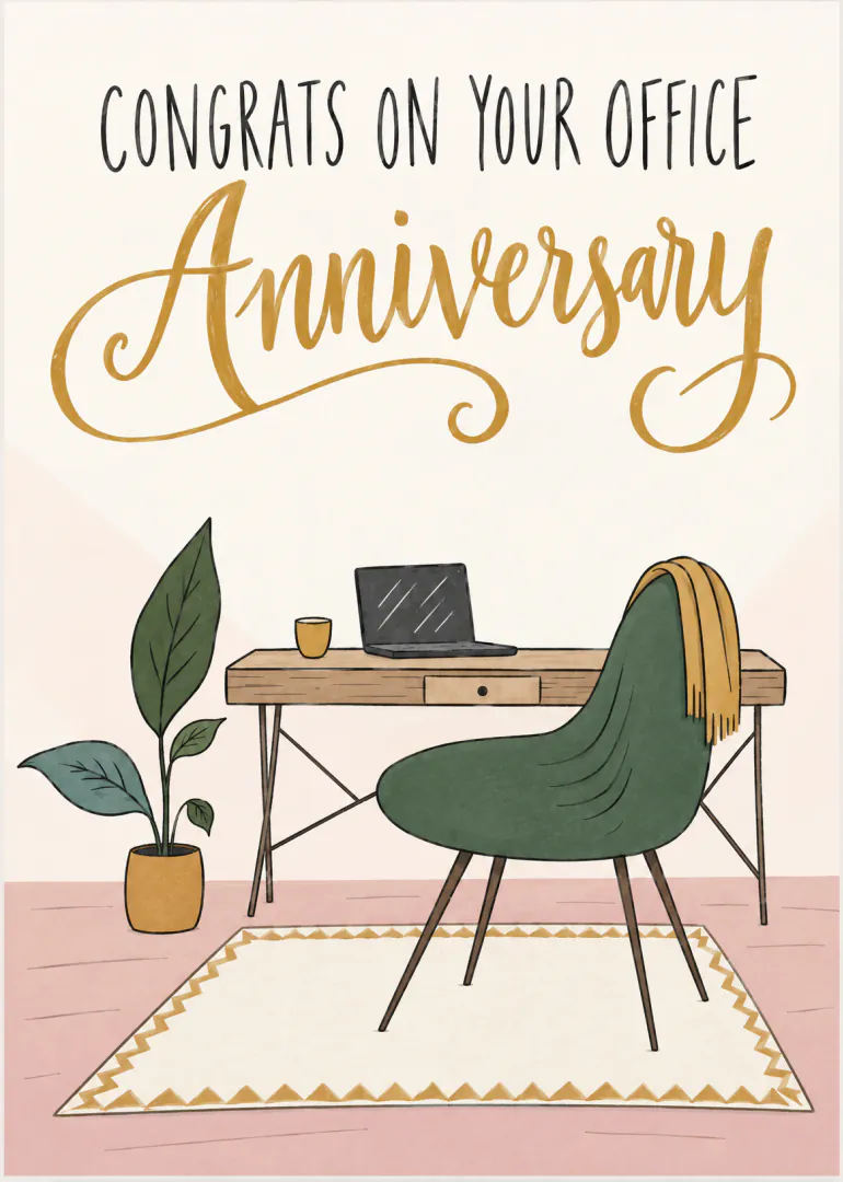 Illustrated office anniversary card with a desk, laptop, green chair and gold lettering.
