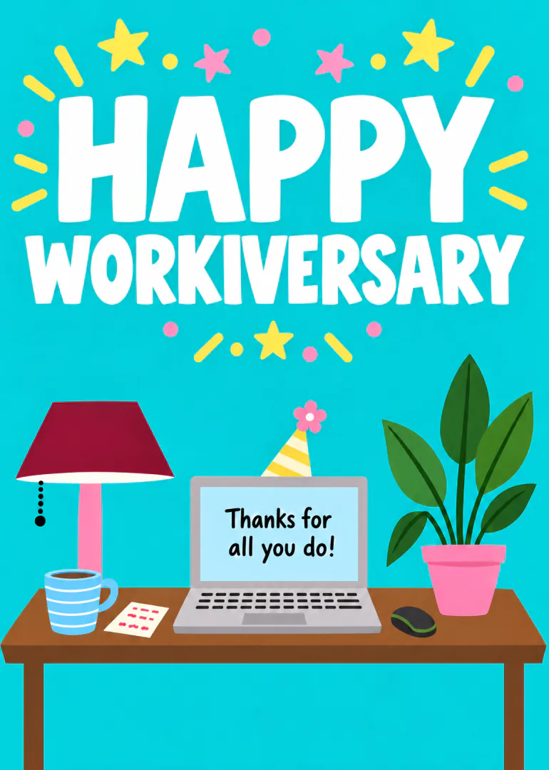 Turquoise work anniversary card with bold white lettering, a laptop, desk lamp, coffee cup and potted plant.