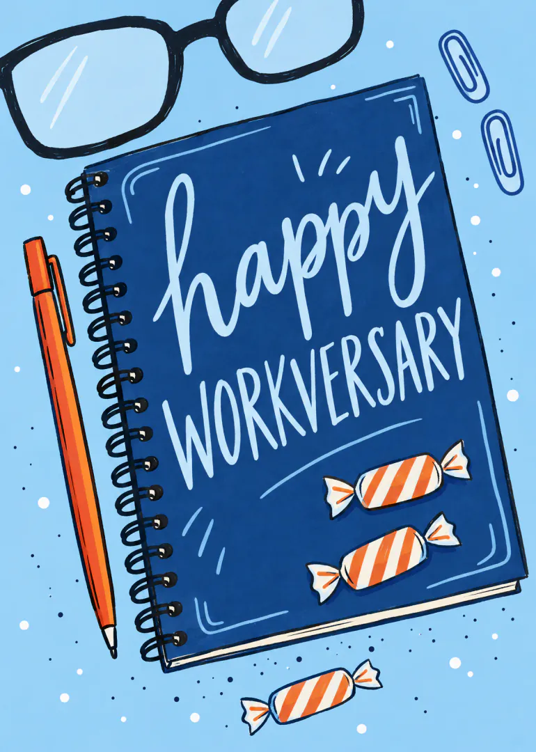 Illustrated blue notebook reading “happy work anniversary”, with glasses, an orange pen, paper clips and striped sweets.