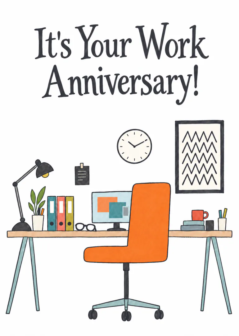 Illustrated work anniversary card with an orange office chair, desk, computer, lamp and stationery.