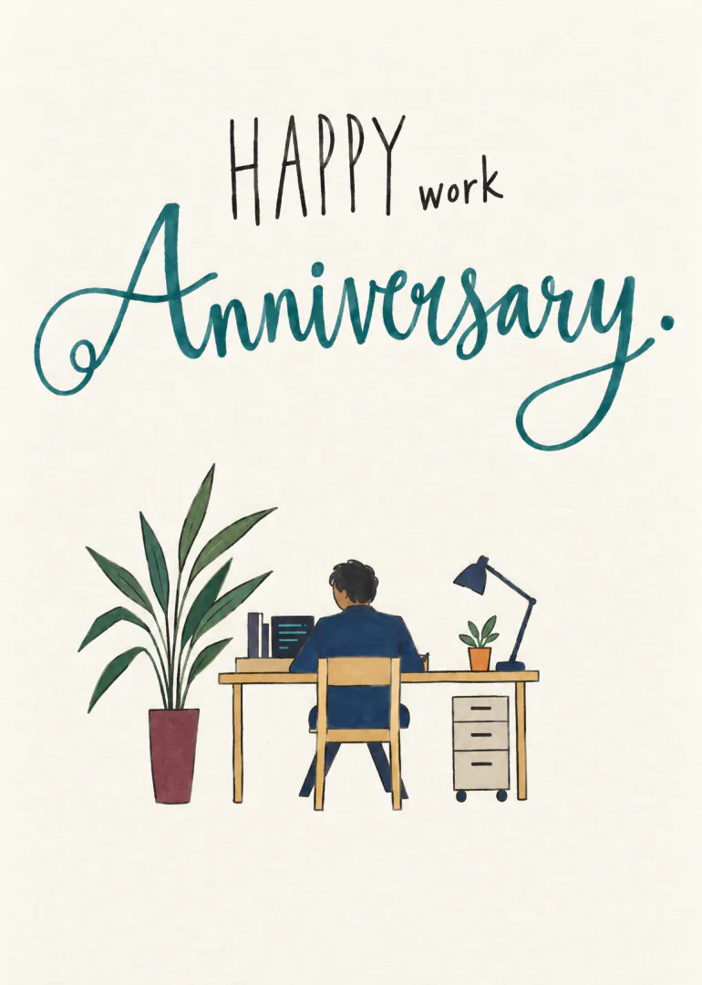 Illustrated Happy Work Anniversary card showing a person seated at a desk with plants and a lamp.