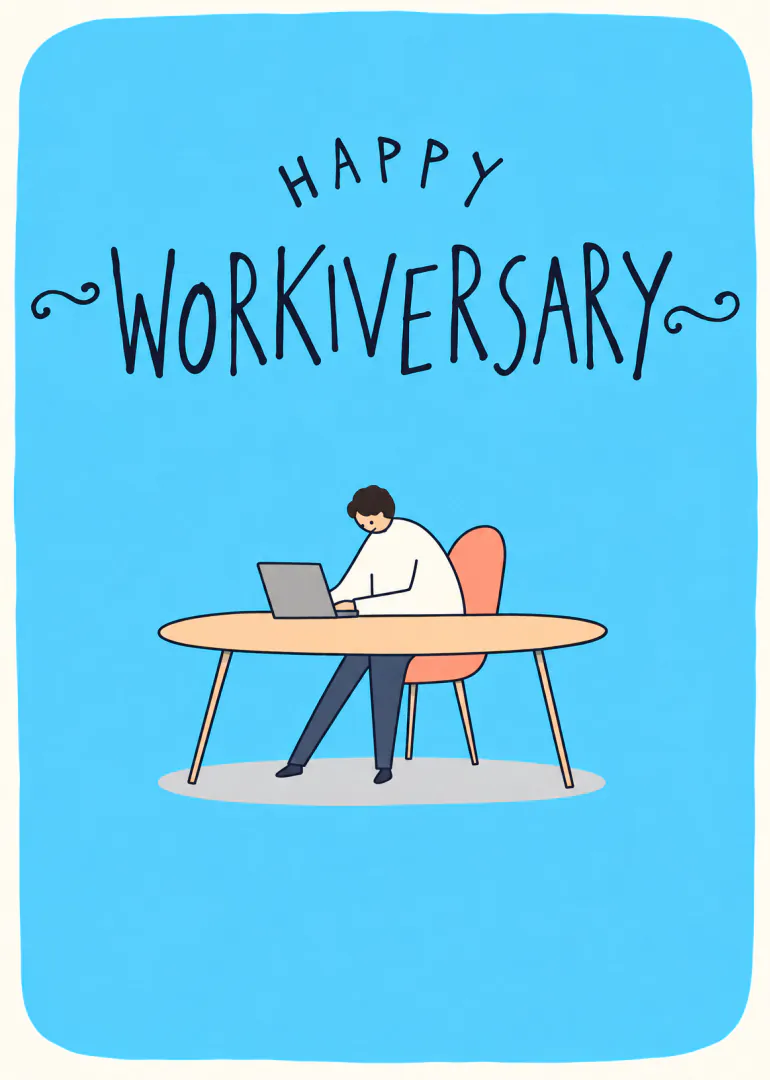 Blue Happy Workiversary card featuring a person working on a laptop at a desk.