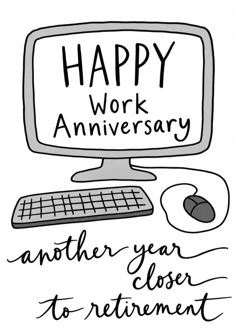Black and grey illustrated computer, keyboard and mouse with a work anniversary retirement message.