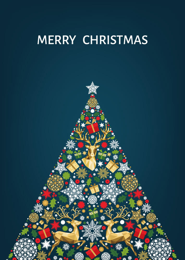 Christmas tree decorated with gold reindeer, stars, presents, and holly on dark background