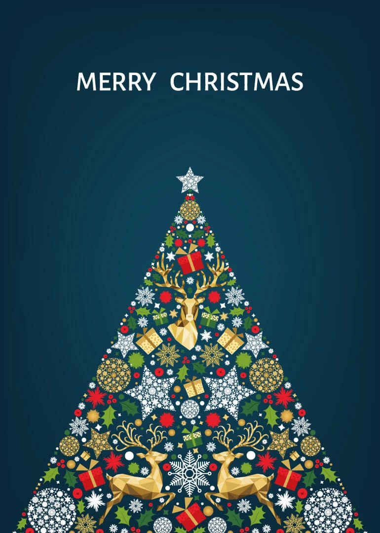Christmas tree made of reindeer, gifts and snowflakes with Merry Christmas text on blue background.