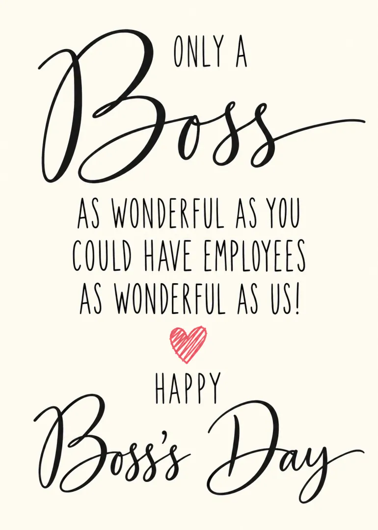 Cream Boss’s Day card with black hand-lettered appreciation message and a small red heart.
