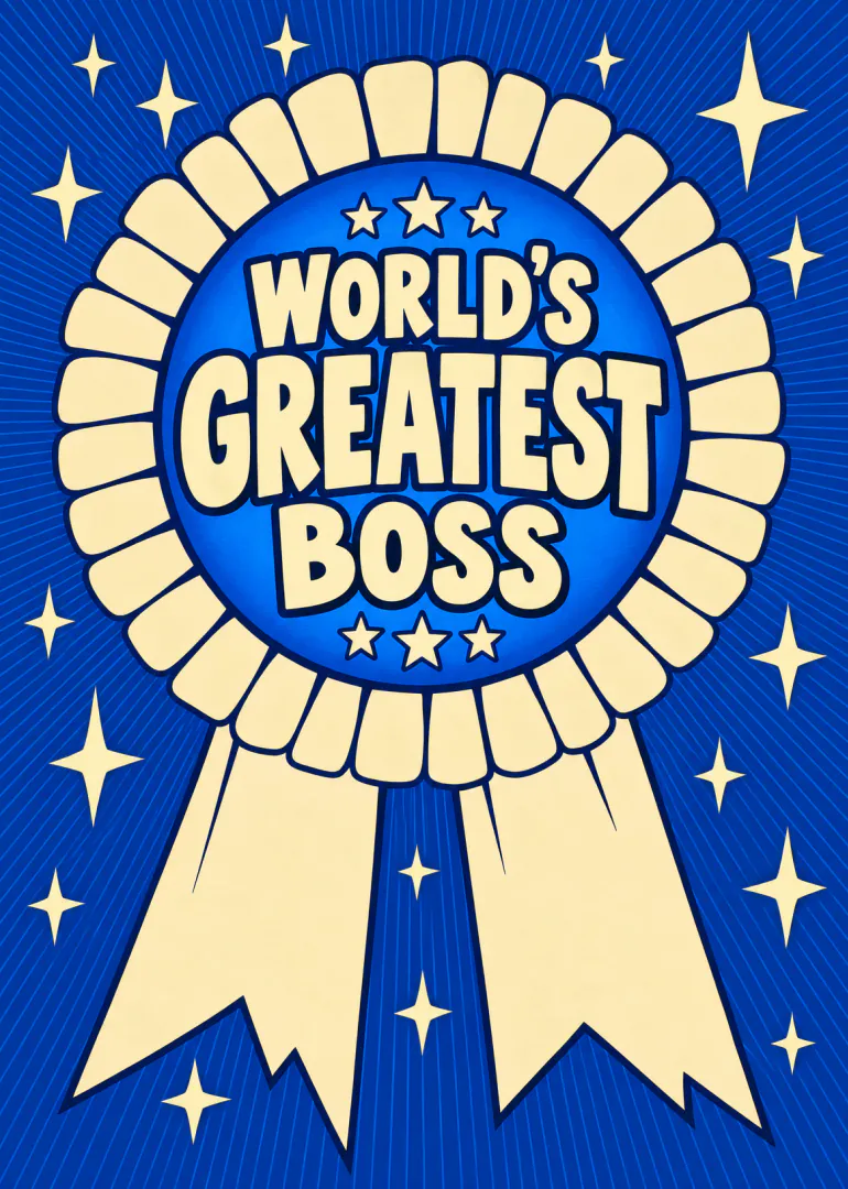 Blue retro-style card featuring a large cream award ribbon and the words “World’s Greatest Boss”.