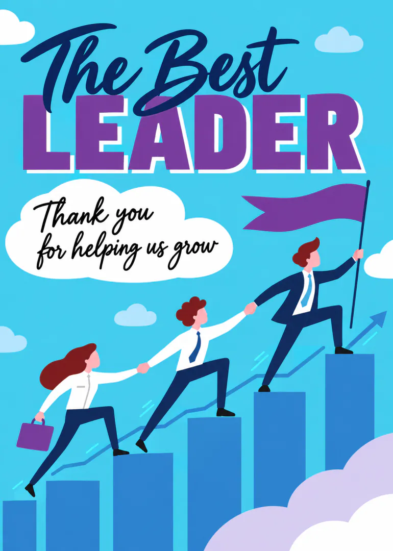 Blue card featuring workplace colleagues climbing a bar chart beneath the words “The Best Leader”.