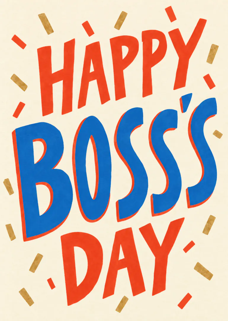 Bold red and blue Happy Boss's Day lettering on a cream background with scattered gold and red confetti marks.