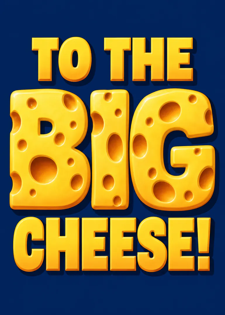 Bold yellow lettering reading “TO THE BIG CHEESE!” with cheese-hole details on a dark blue background.