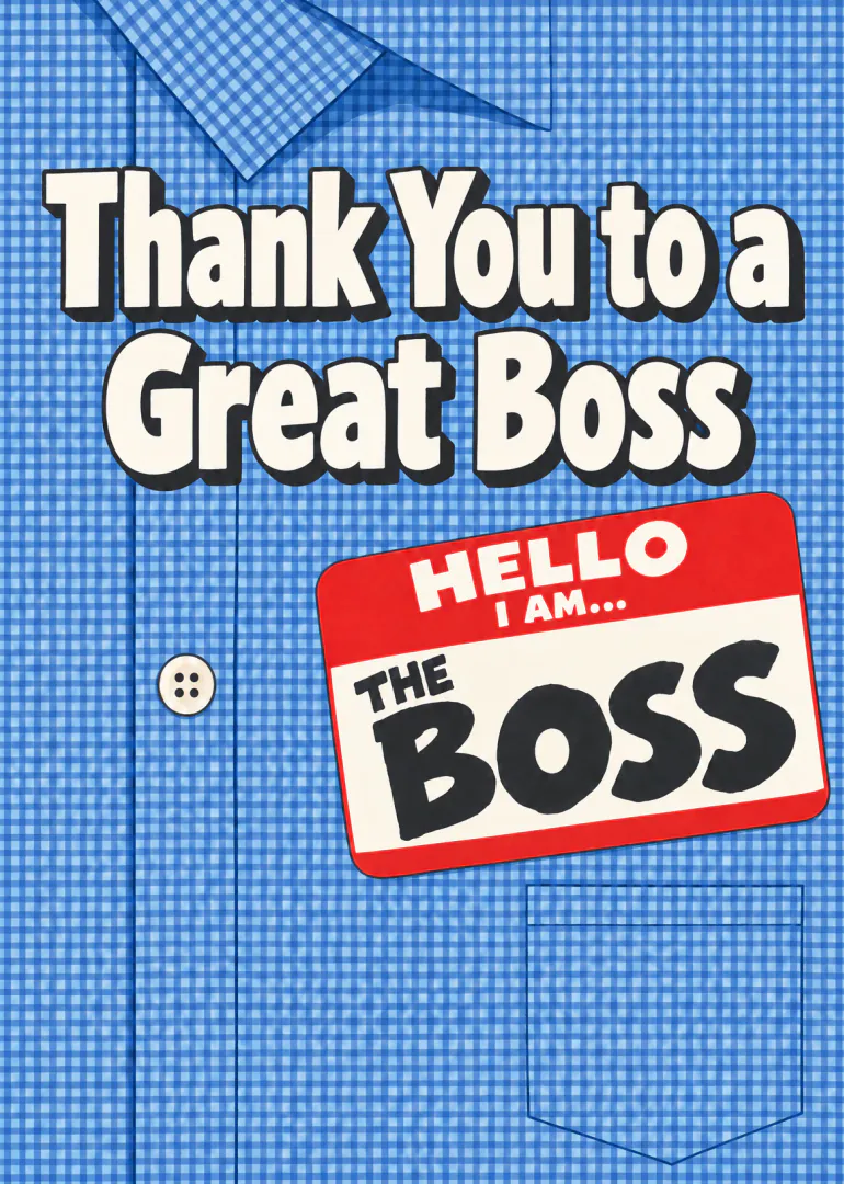 Blue gingham shirt design with bold text thanking a great boss and a red hello, I am the boss name badge.