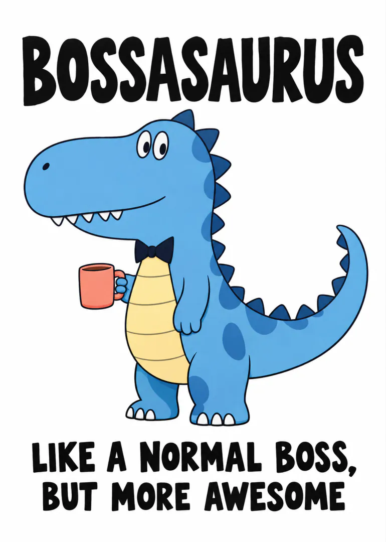 Blue cartoon dinosaur in a bow tie holding a mug, with Bossasaurus wording.