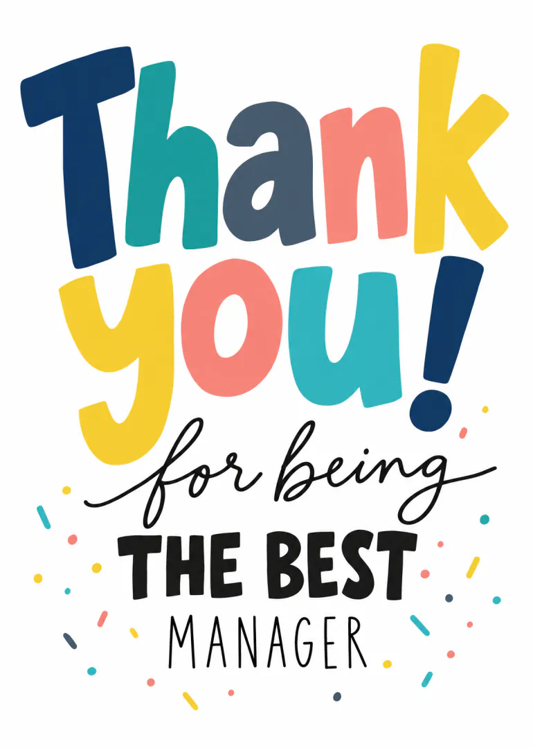 Colourful typographic card reading “Thank you! for being the best manager” with confetti.
