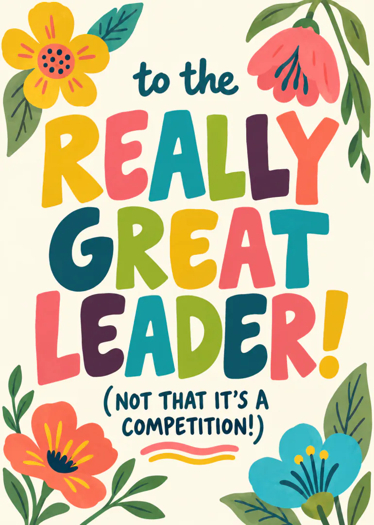 Colourful floral card reading “to the REALLY GREAT LEADER! (NOT THAT IT’S A COMPETITION!)”.