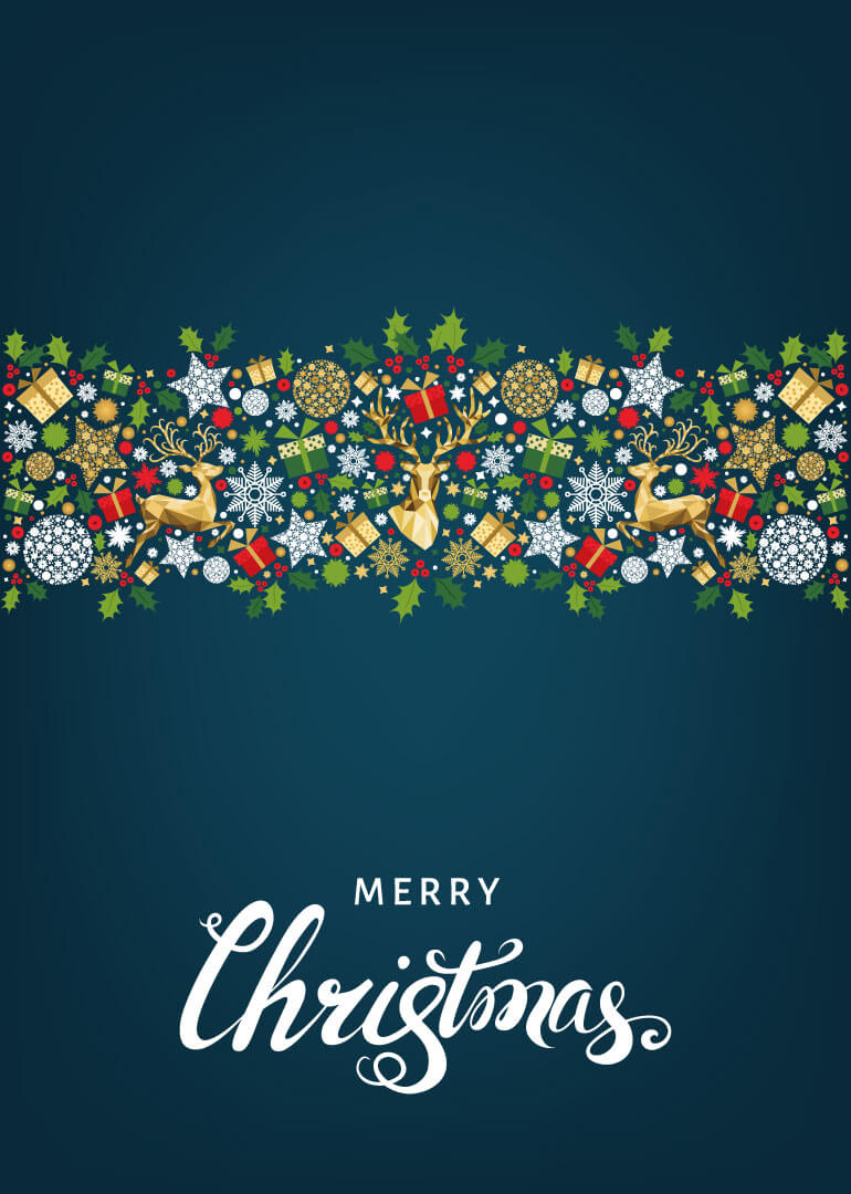 Christmas card with gold reindeer, gifts, snowflakes, and holly on dark blue background
