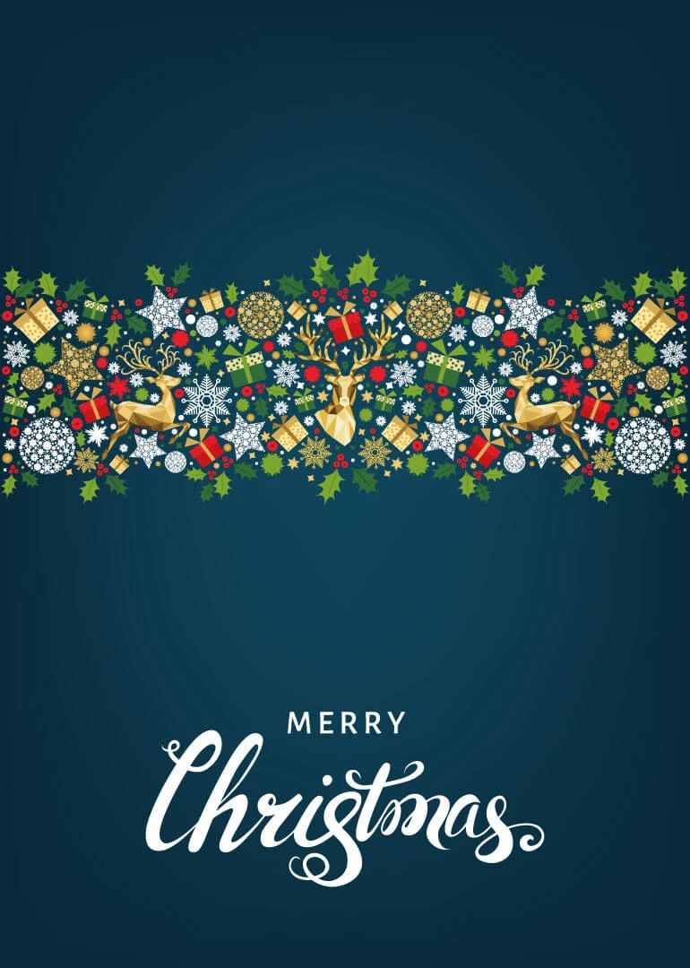 Teal Christmas card with holly border, gold reindeer, gifts, snowflakes, and Merry Christmas text below.