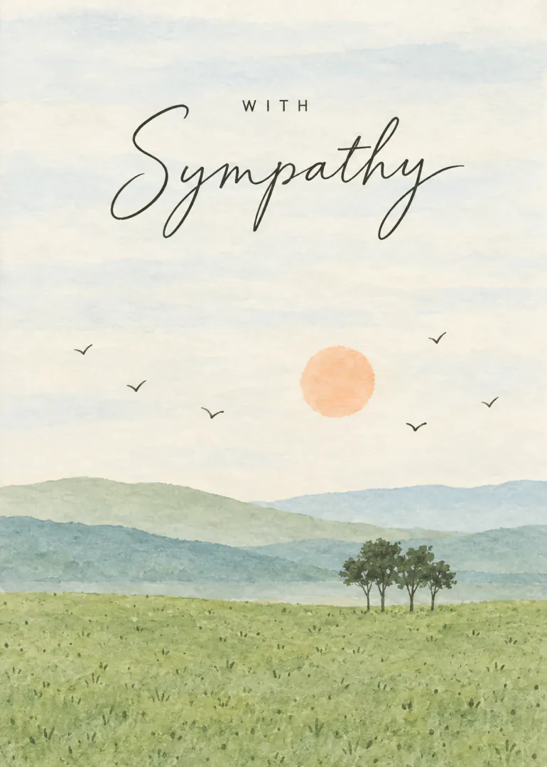 Watercolour sympathy card with a sunlit meadow, distant hills, trees and birds.