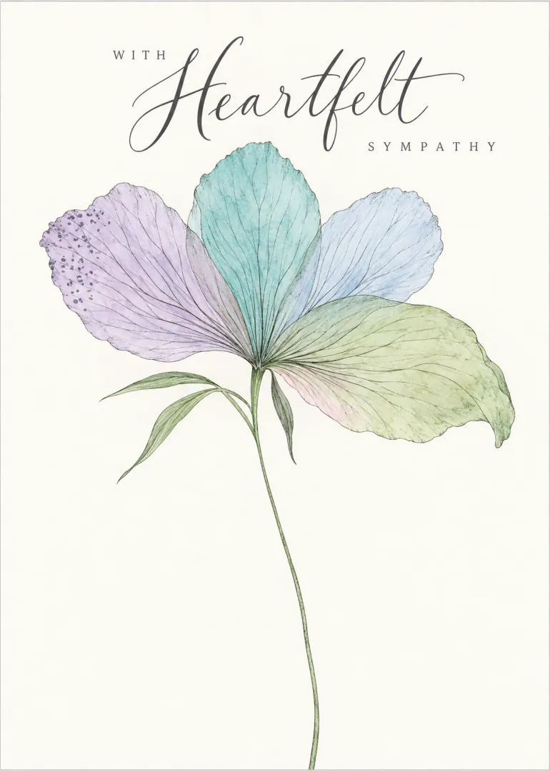 Elegant sympathy card featuring a delicate pastel flower and the words “With Heartfelt Sympathy”.