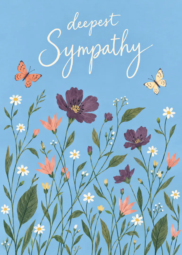 Blue sympathy card with white script, wildflowers and two butterflies.