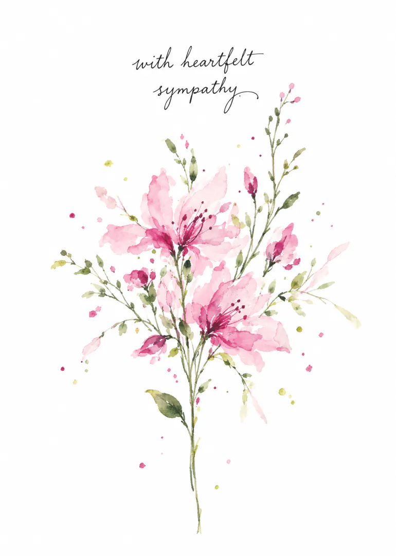 White sympathy card with pink watercolour flowers and the words “with heartfelt sympathy”.