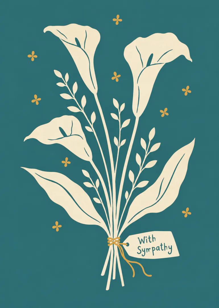 Cream calla lily bouquet tied with a golden ribbon on a teal background, with a With Sympathy tag.