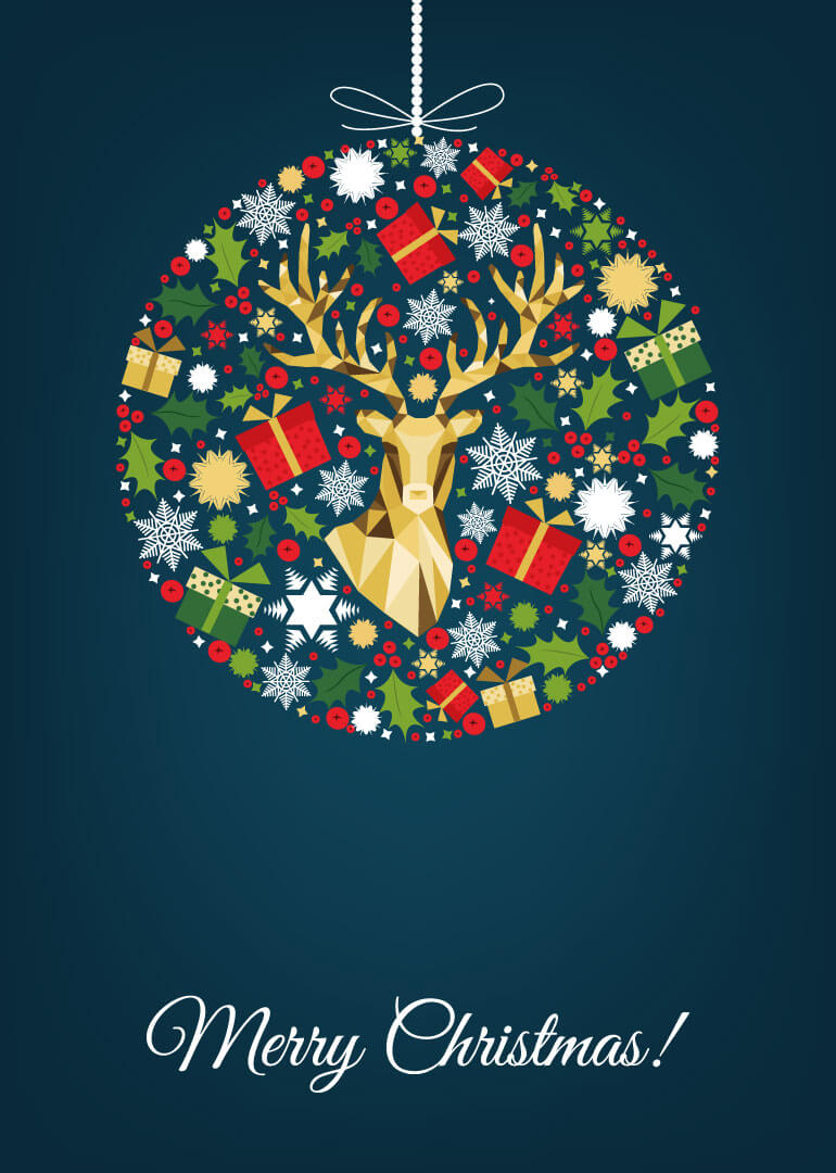 Christmas card with geometric reindeer, holly, gifts, and snowflakes on dark background