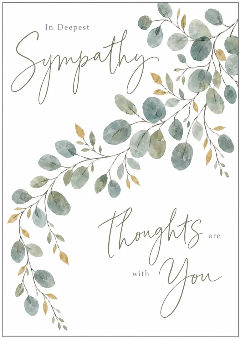 White sympathy card with soft watercolour leafy branches and the message, In Deepest Sympathy, Thoughts are with You.