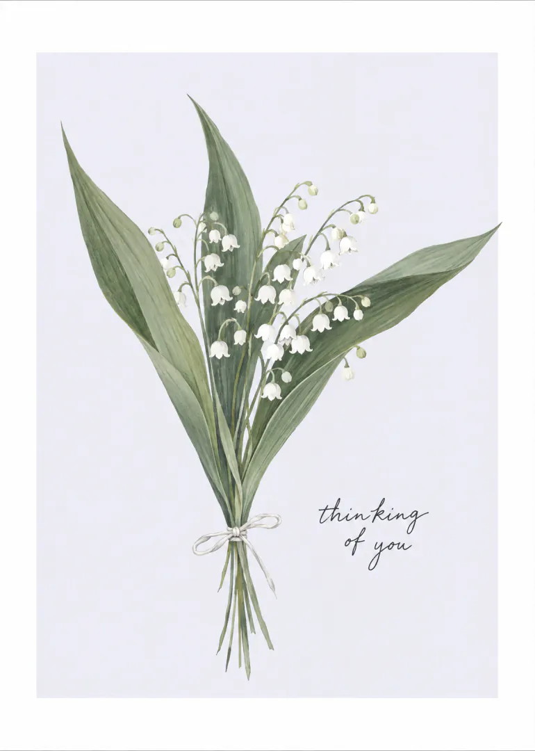 Watercolour bouquet of white lily of the valley flowers tied with a bow, with the words “thinking of you”.