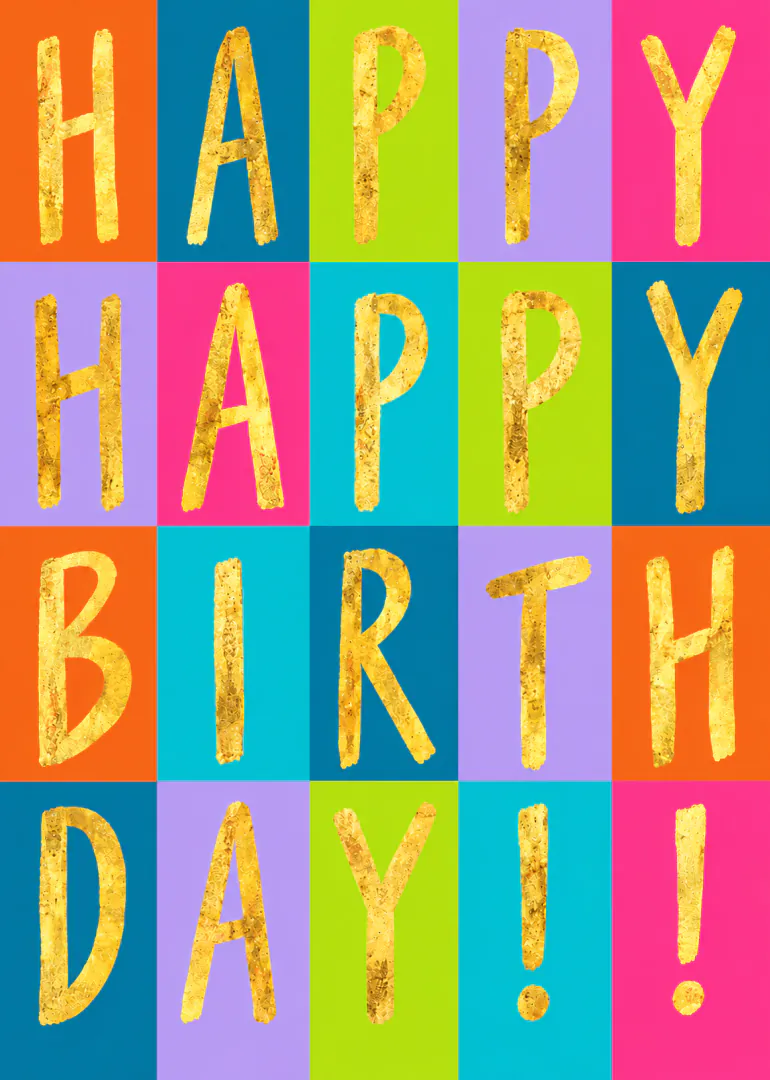 Colour-block birthday card with large gold letters spelling Happy Birthday!