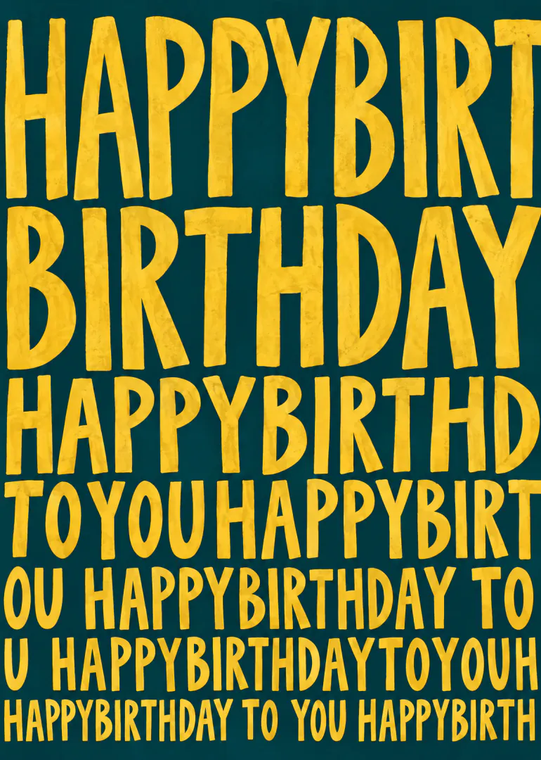 Portrait card with oversized textured yellow Happy Birthday lettering on a deep teal background.