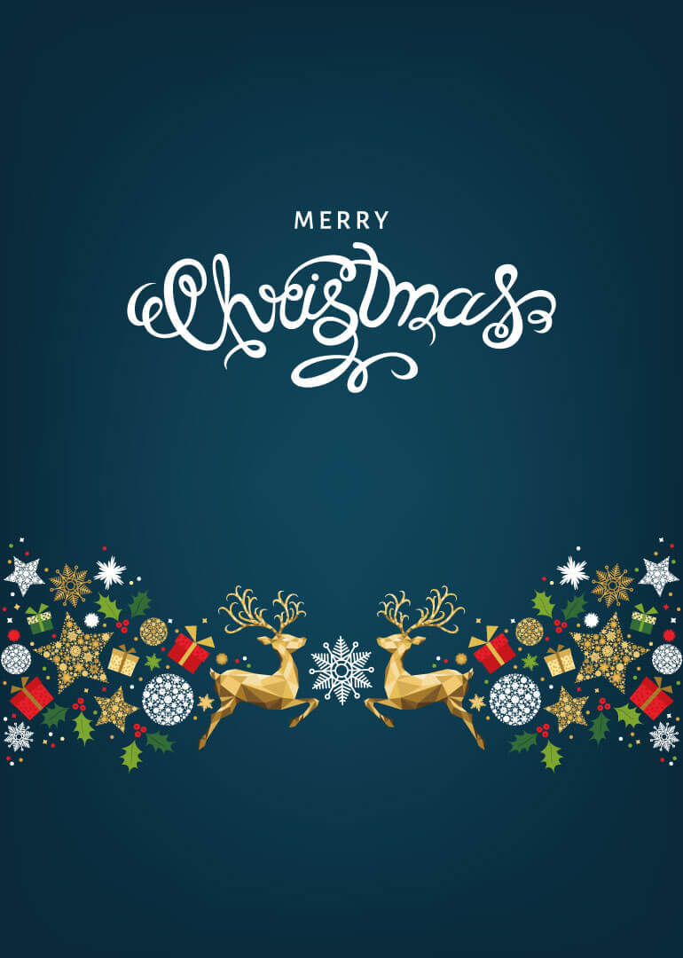 Christmas card with gold reindeer, snowflakes, gifts, and holly on blue background