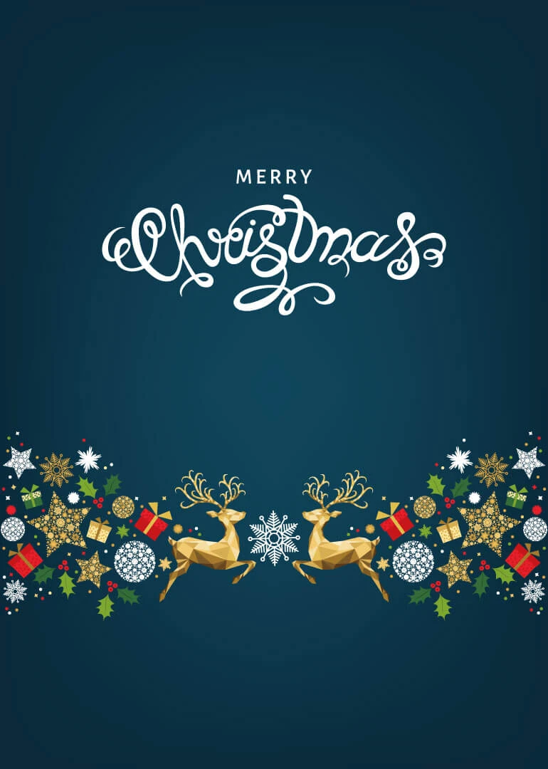 Blue Christmas card with Merry Christmas script, gold reindeer, stars, gifts and holly border.