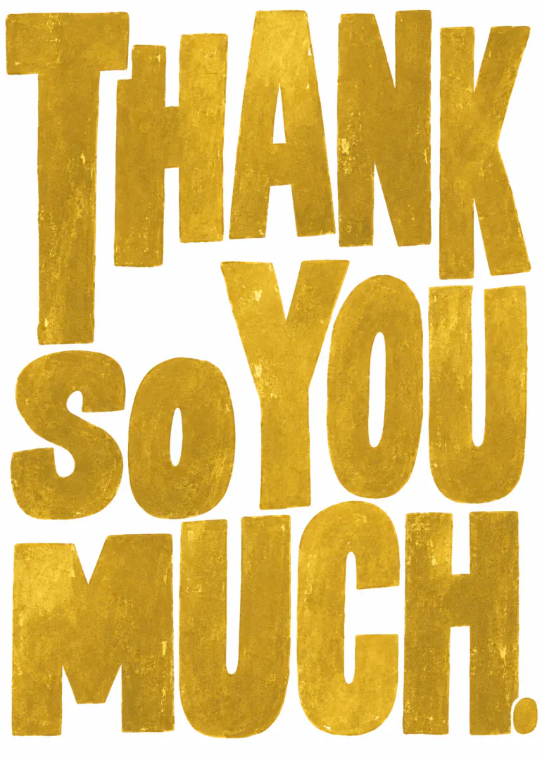 White card with large distressed gold lettering reading “THANK YOU MUCH.”