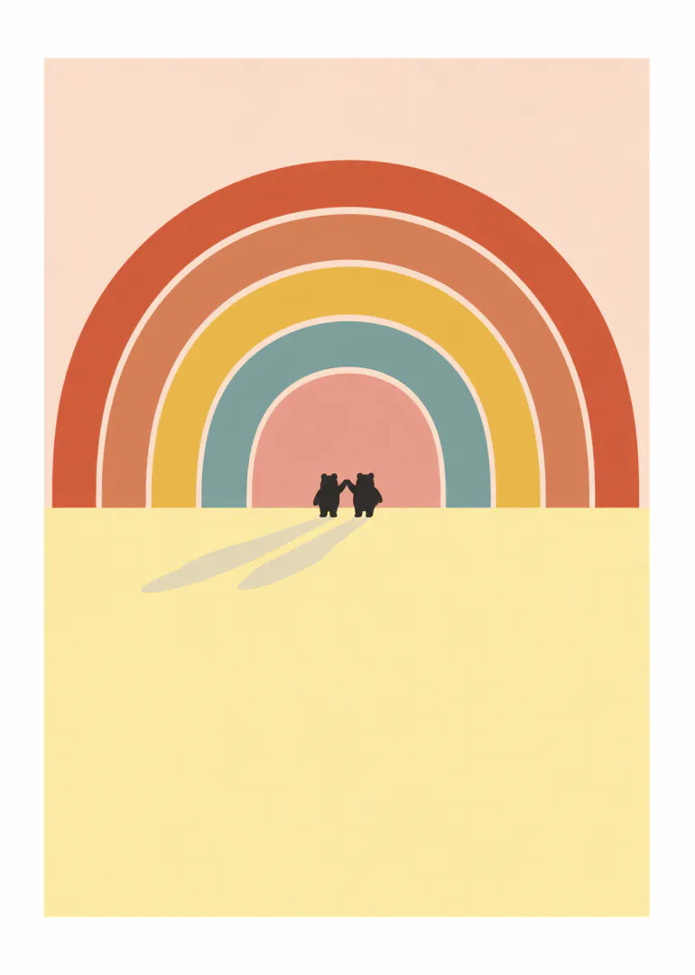 Two small black bears holding hands beneath a large, muted rainbow on a pale yellow background.